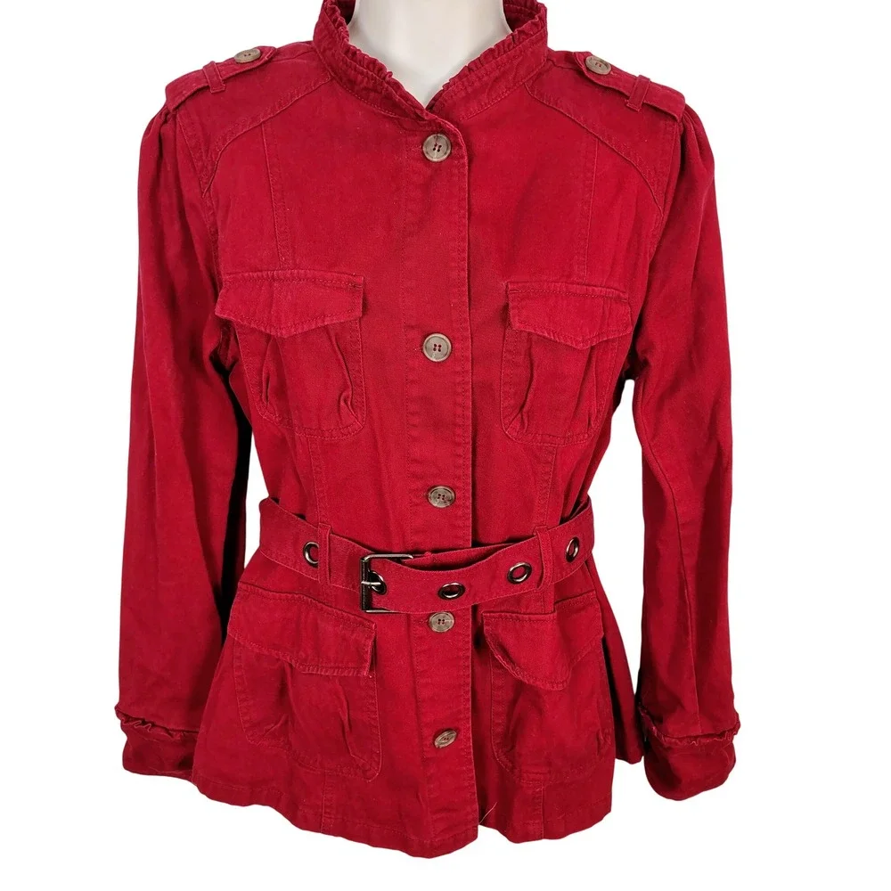 Converse One Star Red Cotton Utility Field Jacket Ruffle Neck Belted Womens L - Picture 1 of 10